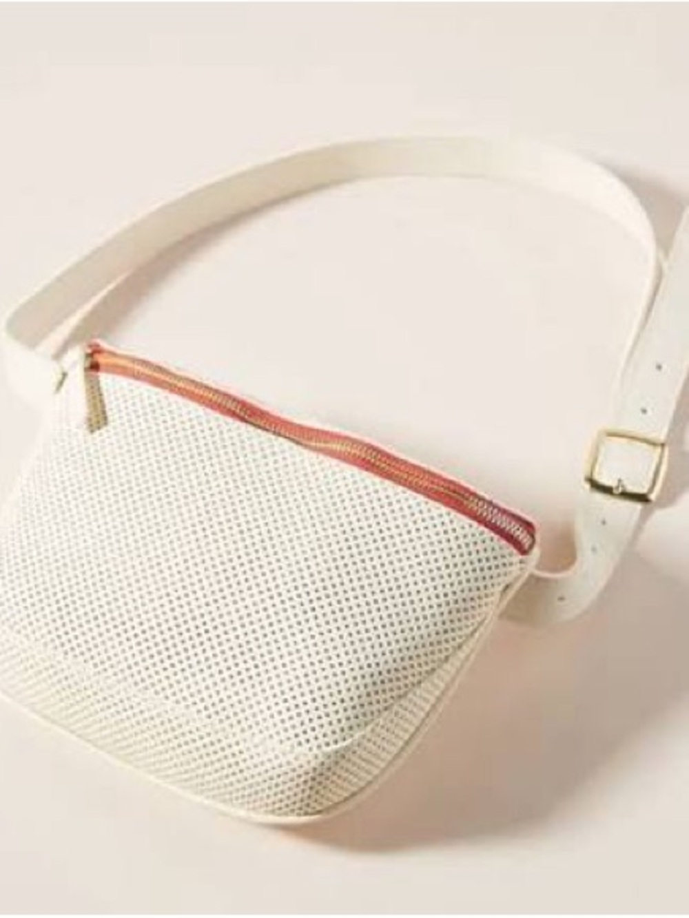 Clare V Cream Perforated Mini Crossbody with Red Zip Accent